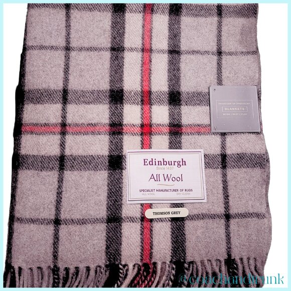 SCOTTISH WOOL IMPORT THROW BLANKET Fringe Tomson Plaid Grey Ivory Black Red NWT - Picture 5 of 13